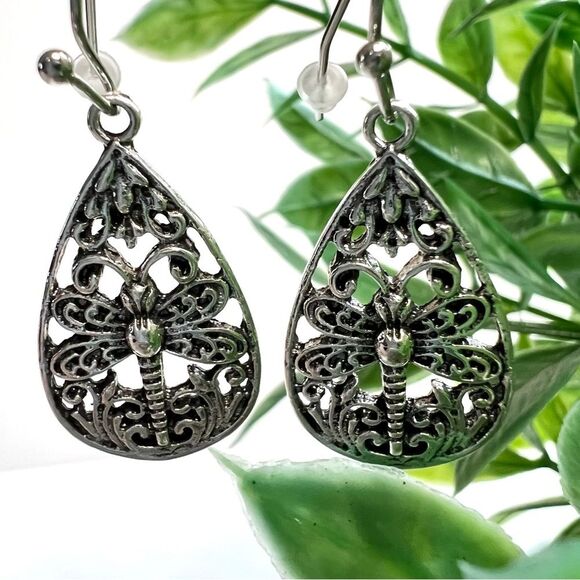Silver Tone Dragonfly Pierced Teardrop Dangle Earrings - Picture 7 of 11